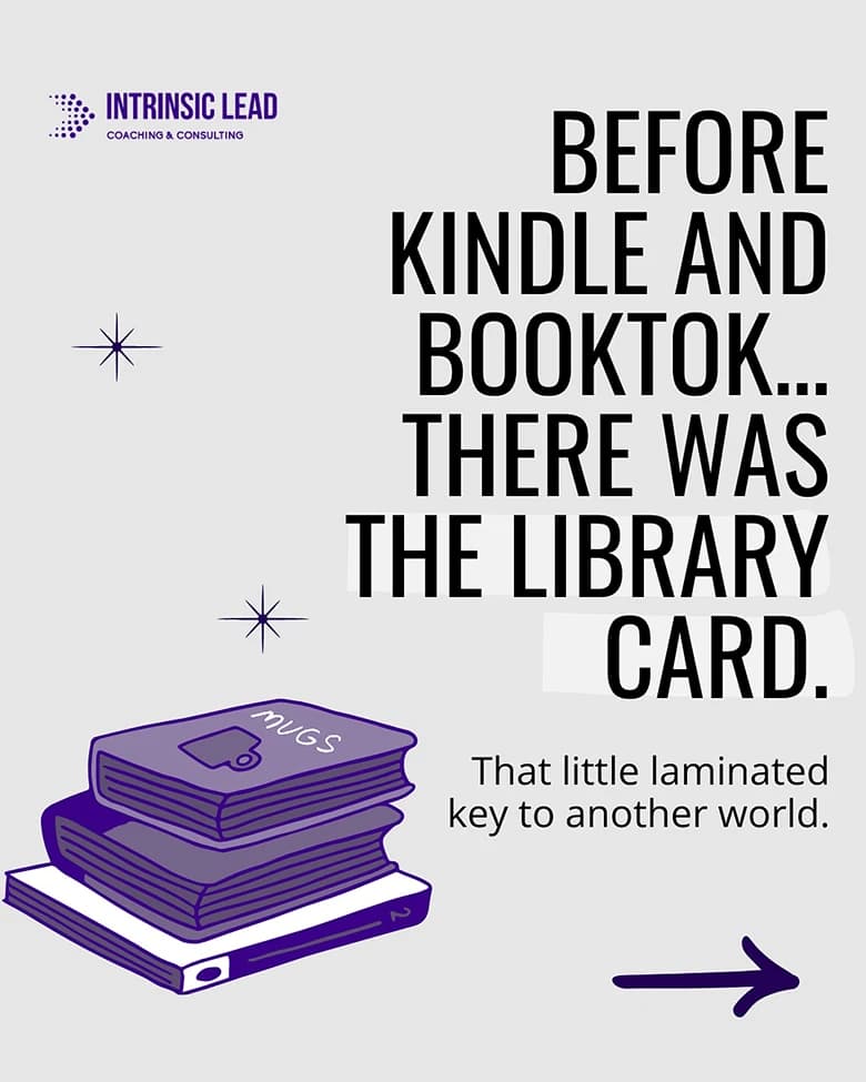 Intrinsic Lead reading post with purple books and the message: Before Kindle and BookTok, there was the library card